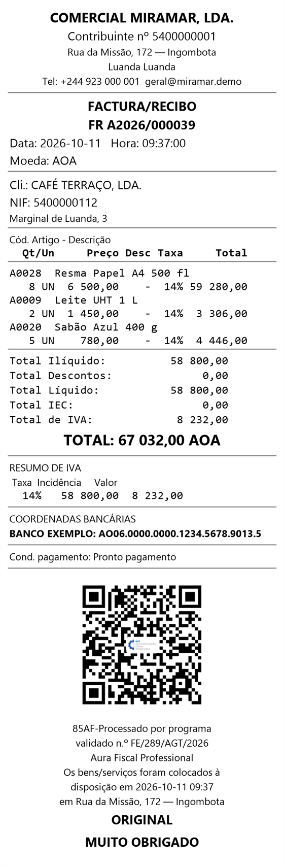 Talão de 80 mm da factura-recibo FR A2026/000039, com o resumo de IVA, o QR Code da AGT e a menção ORIGINAL.